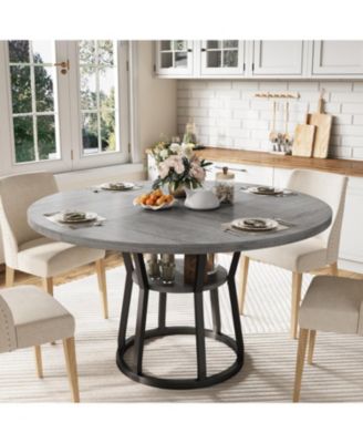 Round Dining Table with Storage Shelf for 4-6, Farmhouse Kitchen Table with Cross Base for Dining Room, Living Room, Apartment