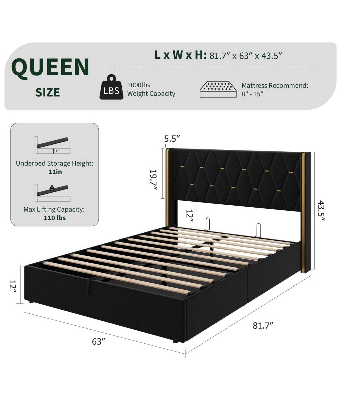 homfan Velvet Lift-Up Storage Bed Frame with Wingback Headboard and Gold Trim, Diamond Tufted Platform Bed
