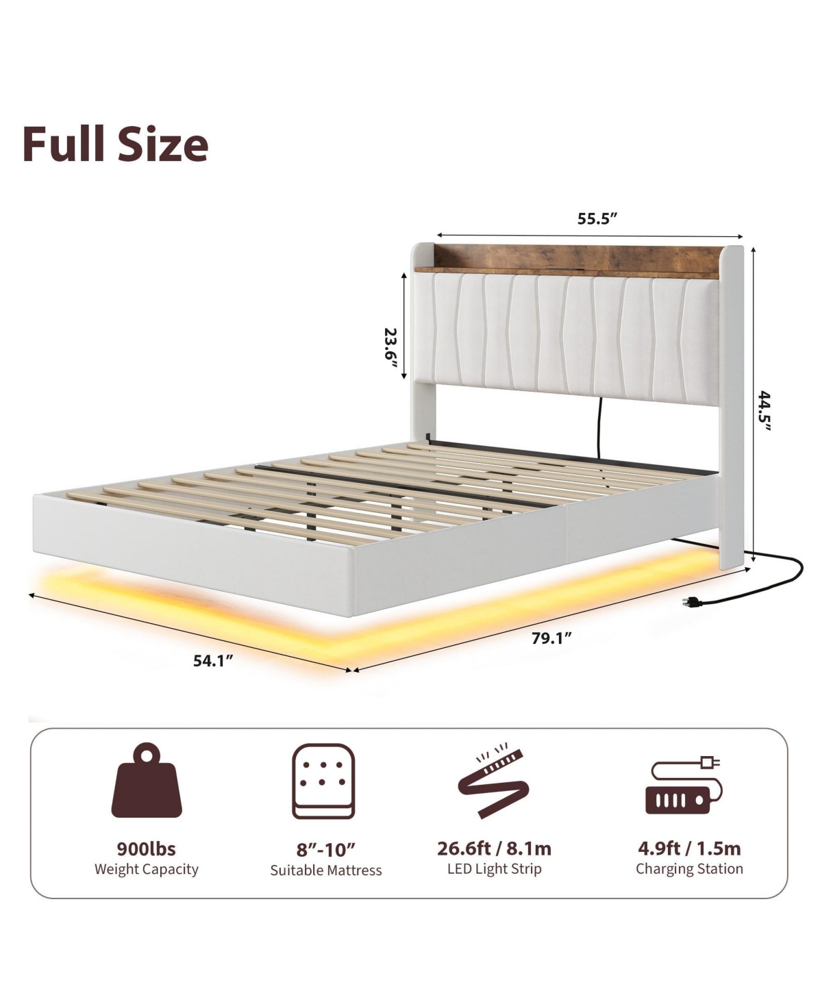 homfan Floating Platform Bed Frame with Led Lights, Charging Station and Storage Headboard, Upholstered Bed