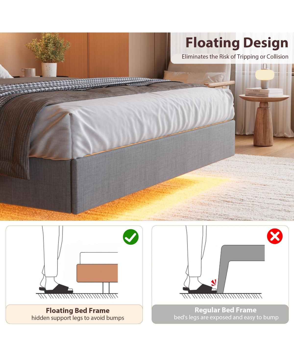 homfan Floating Platform Bed Frame with Led Lights, Charging Station and Storage Headboard, Upholstered Bed