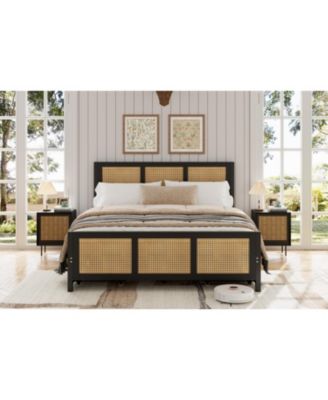 Rattan Platform Bed Frame with LED Headboard and 4 Drawers, Metal Slat Support