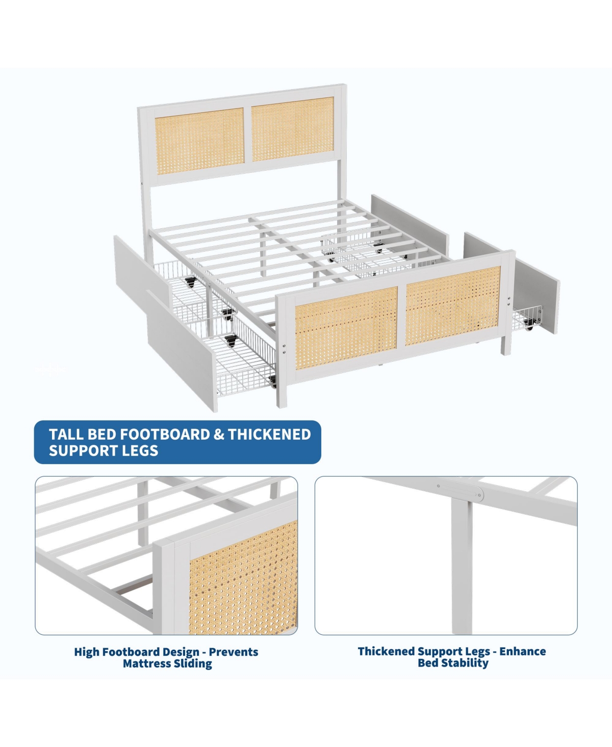 homfan Rattan Platform Bed Frame with Led Headboard and 4 Drawers