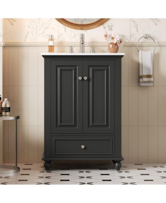  Vintage French Solid Wood Vanity With Ceramic Sink, Soft-Close Doors Drawer Dividers, 8" Faucet Fit