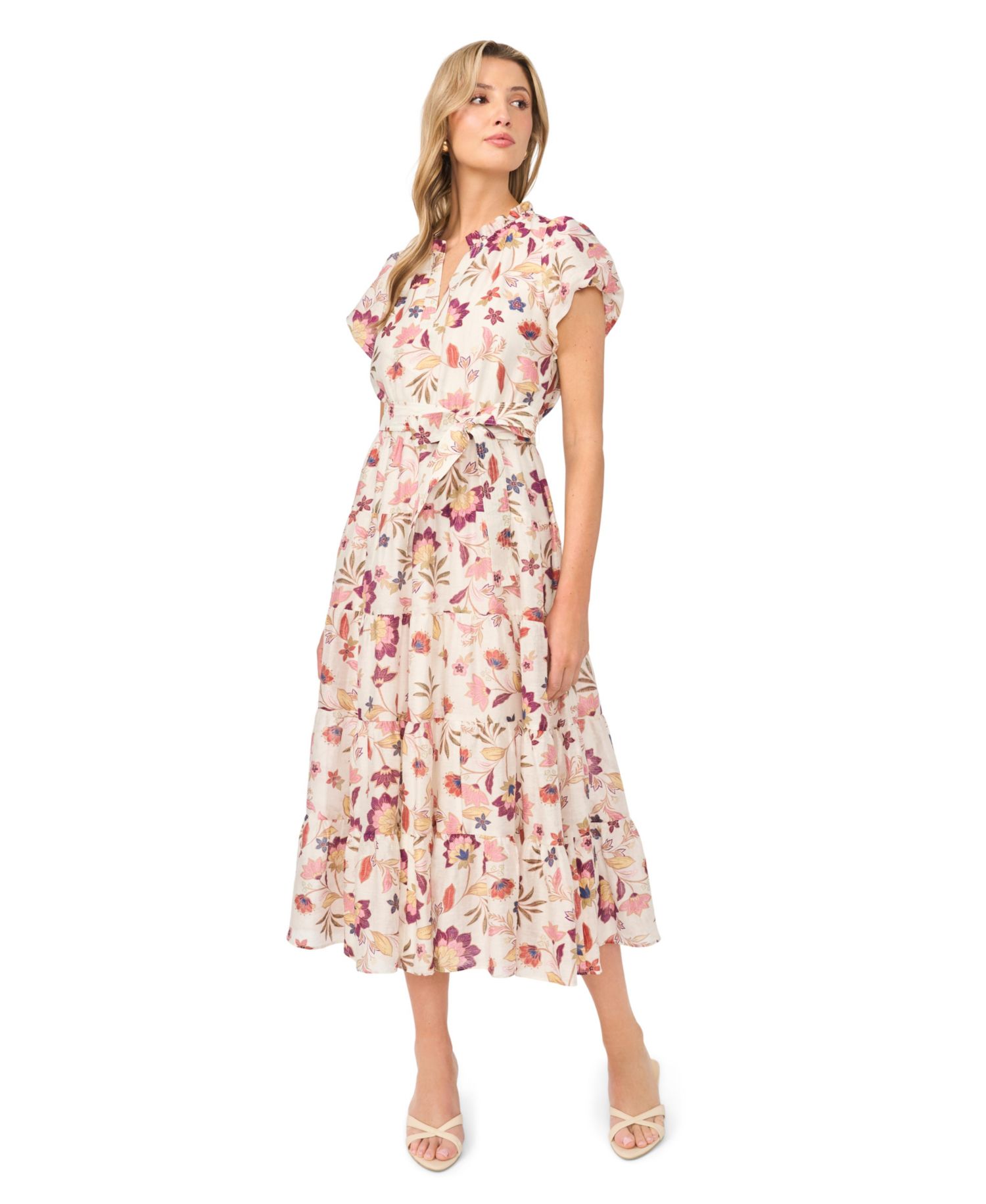 Women's V-Neck Puff-Sleeve Midi Dress