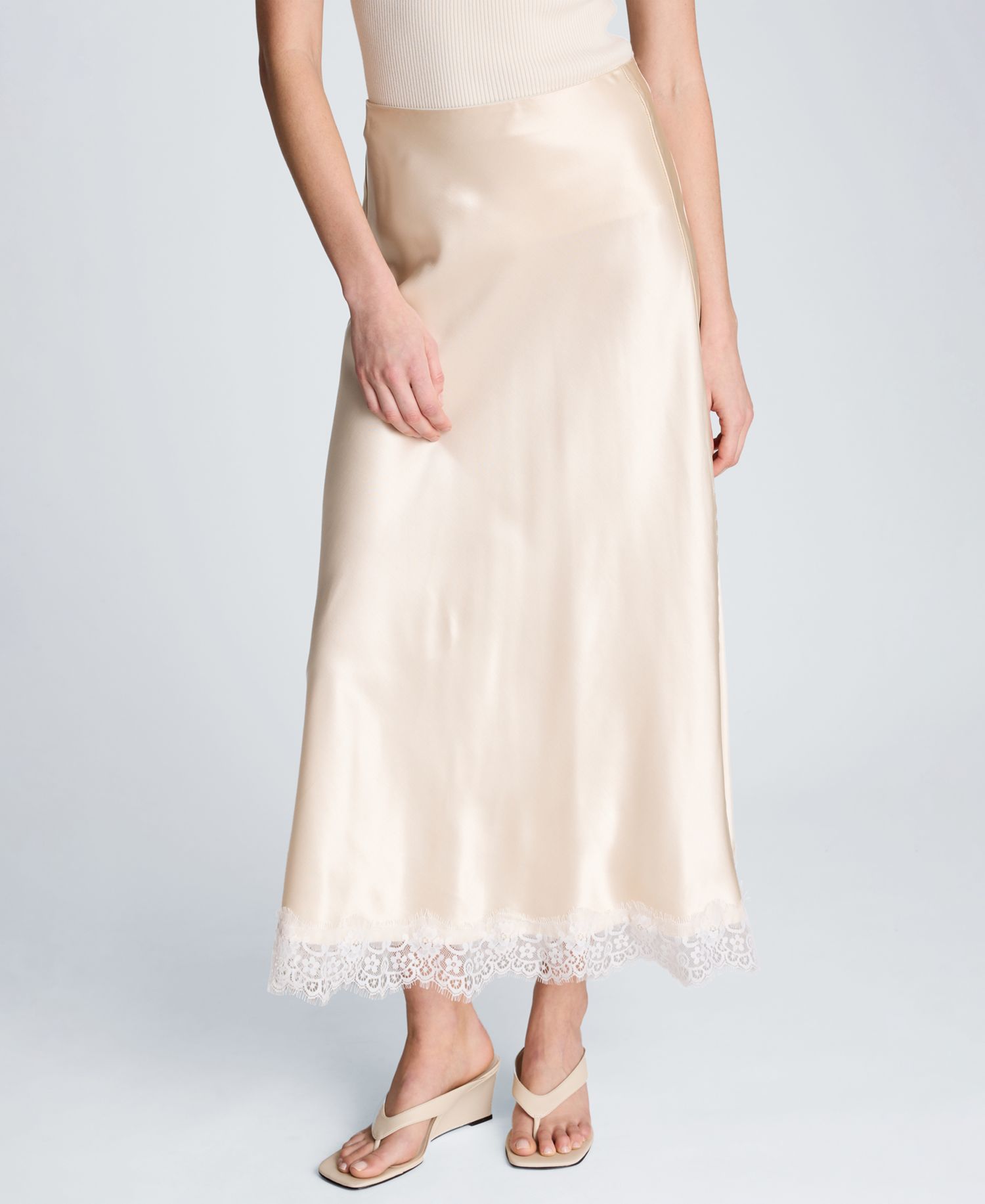 Women's Pull on Lace Trim Satin Midi Skirt