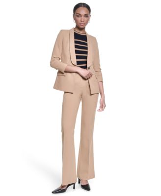 Women's 3/4-Sleeve Shoulder Padded One-Button Blazer, Sleeveless Stripe Sweater and Mid-Rise Flare Pants