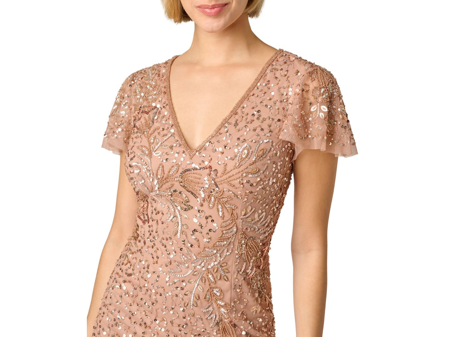 Женское платье Adrianna Papell Embellished V-Neck Flutter-Sleeve Sheath, цвет: Розовый золотой — фото 2