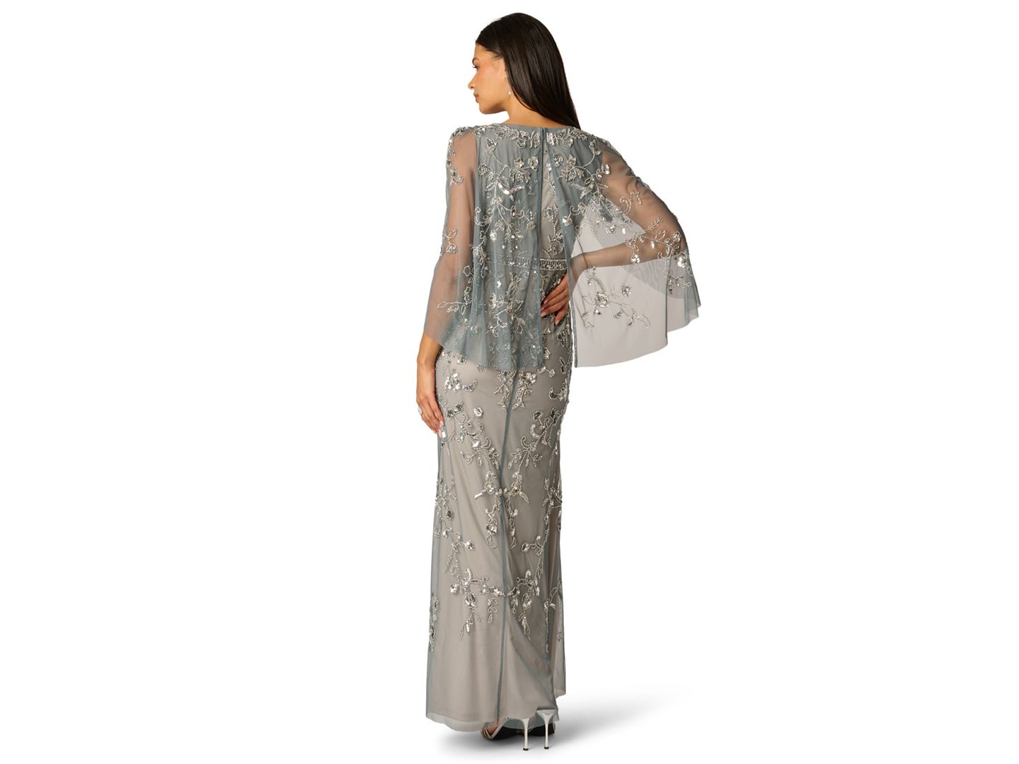 Женские платья Adrianna Papell Beaded Cape-Sleeve Gown, цвет: Оловянный / Серебряный — фото 3