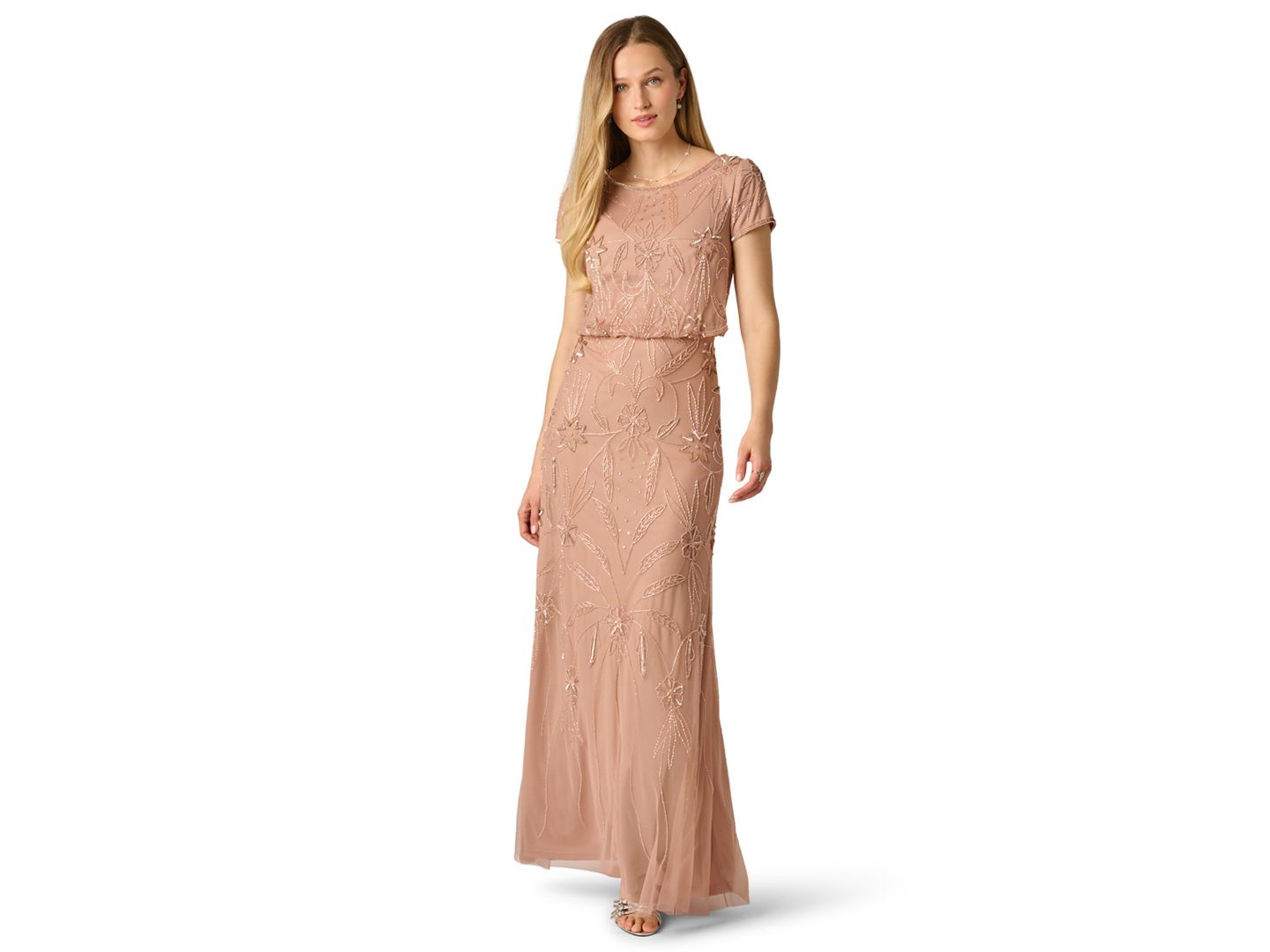Женские платья Adrianna Papell Beaded Blouson Boat Neck Gown, цвет: Розовый золотой — фото 1