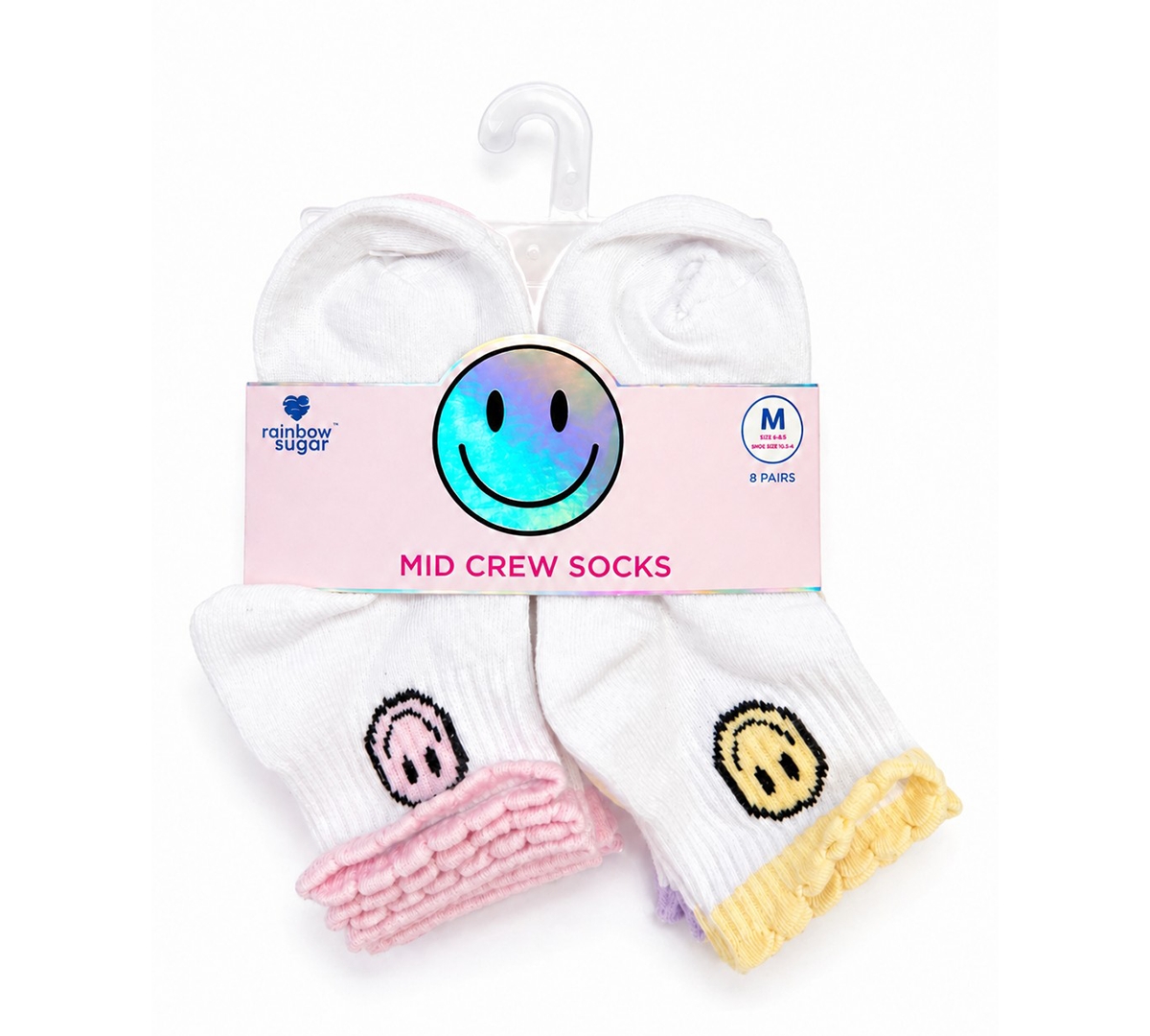 Rainbow Sugar Girls' 4-8.5 Mid Crew Socks, 8-Pack