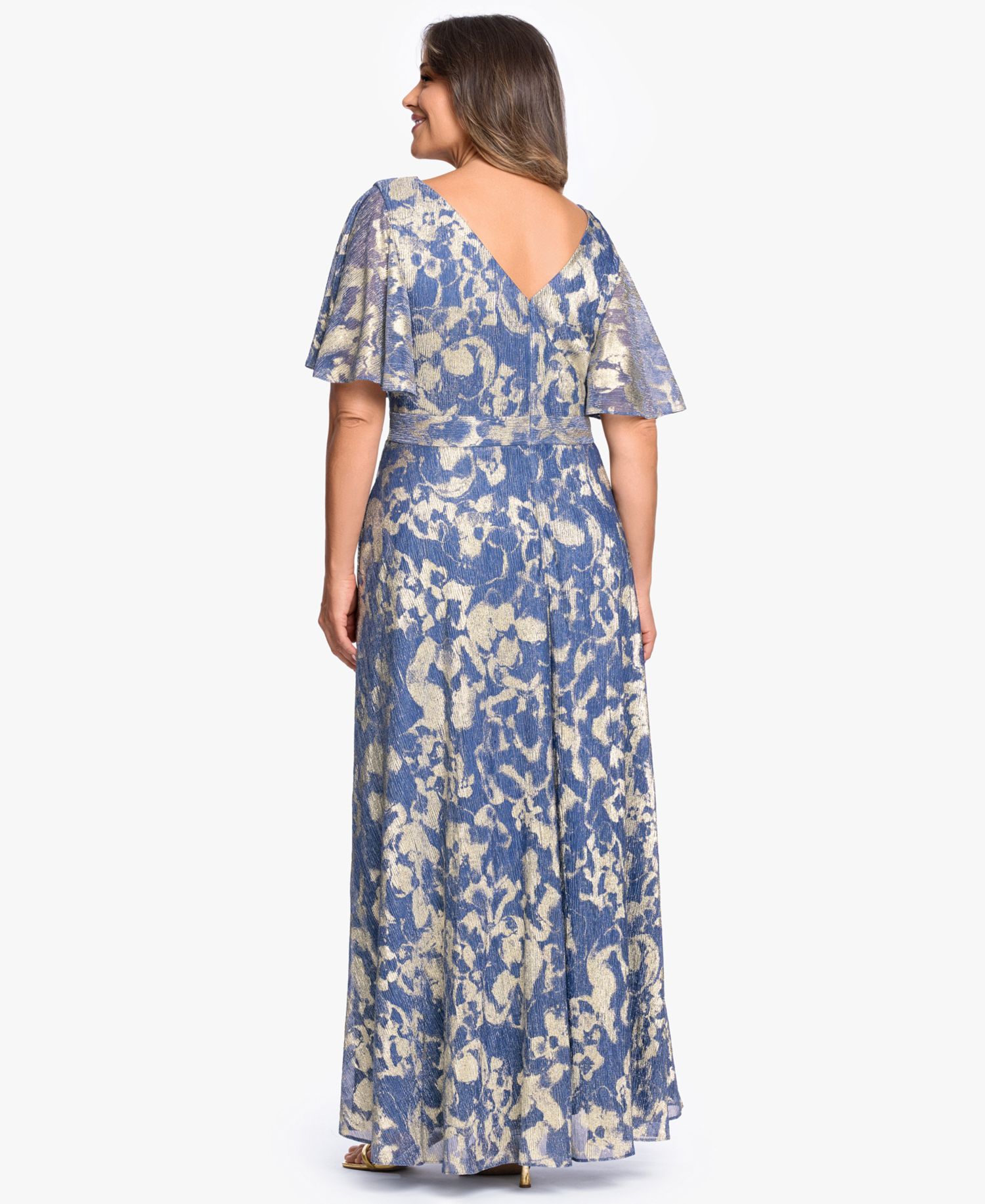 Plus Size V-Neck Foil Printed Gown