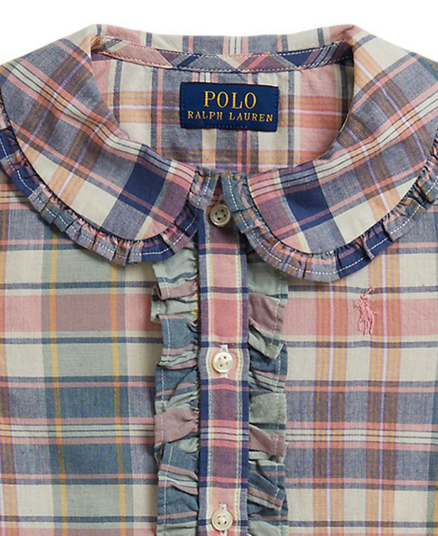 Детское клетчатое платье-рубашка Polo Ralph Lauren с коротким рукавом, 2T-6X, цвет: Земляной синий / Розовый — фото 5