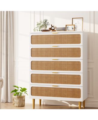 Tall Boho 5-Drawer Rattan Dresser, Wooden Storage Cabinet with Deep Drawers for Multi-Space Use