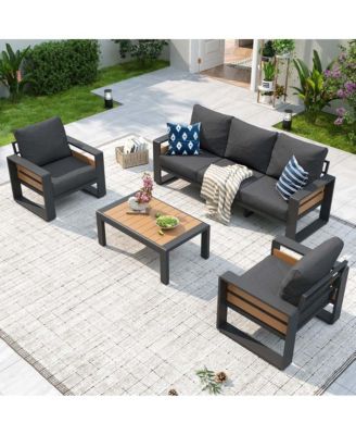 Outdoor Patio Conversation Set Durable Aluminum Sofas, Plush Cushions, Wood?Texture Table Weatherproof