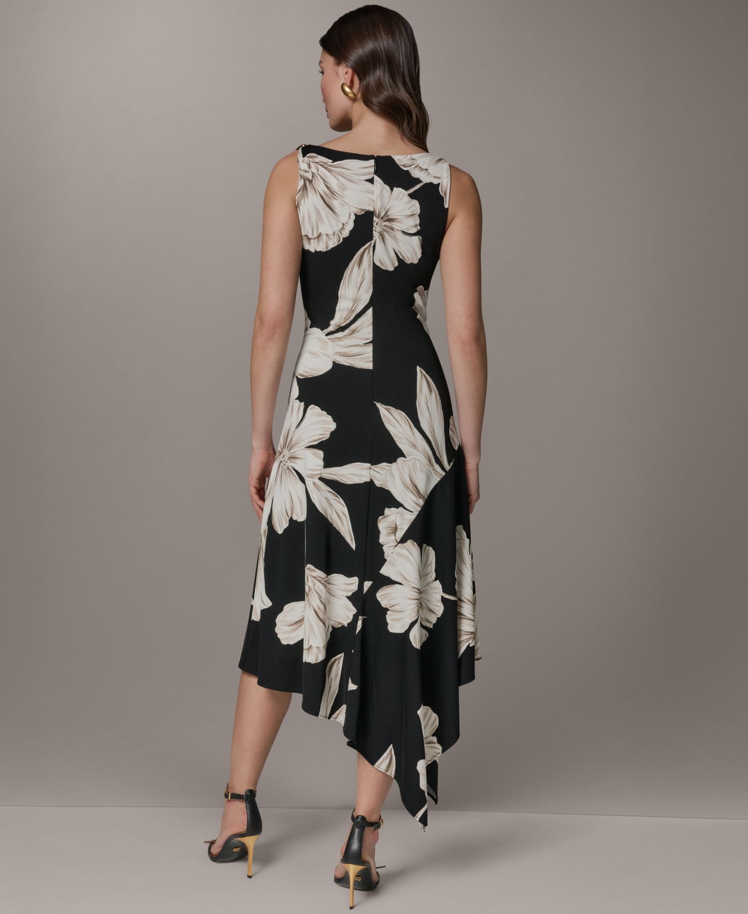 Women's Sleeveless Floral Cowl Neck Asymmetrical Midi Dress