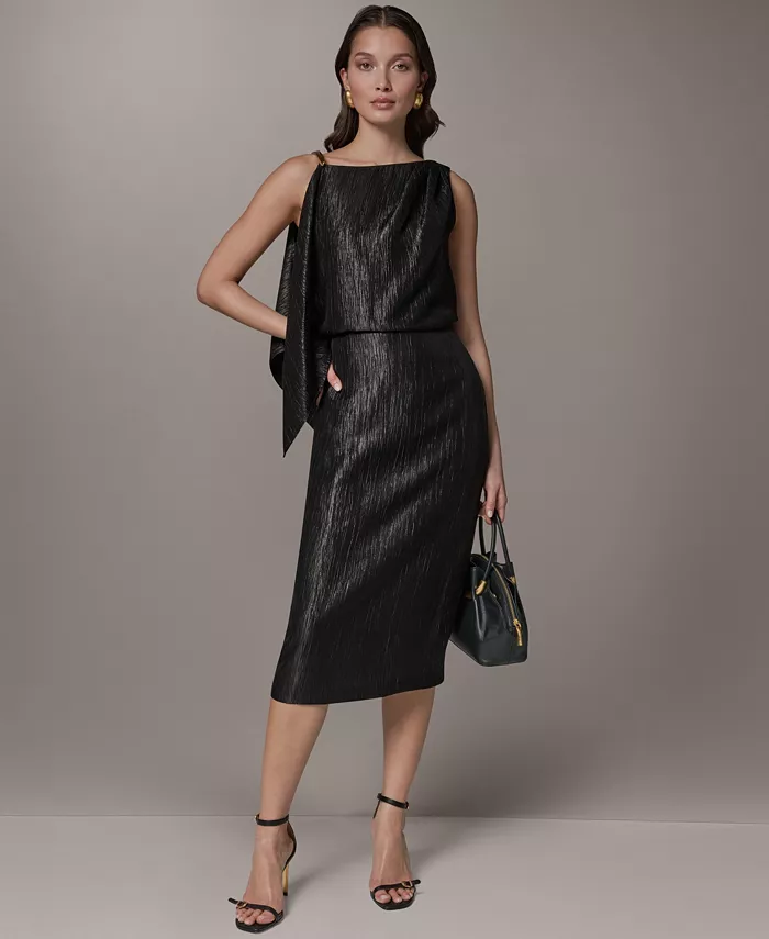 Women's Crinkle Satin Square Neck Midi Sheath Dress