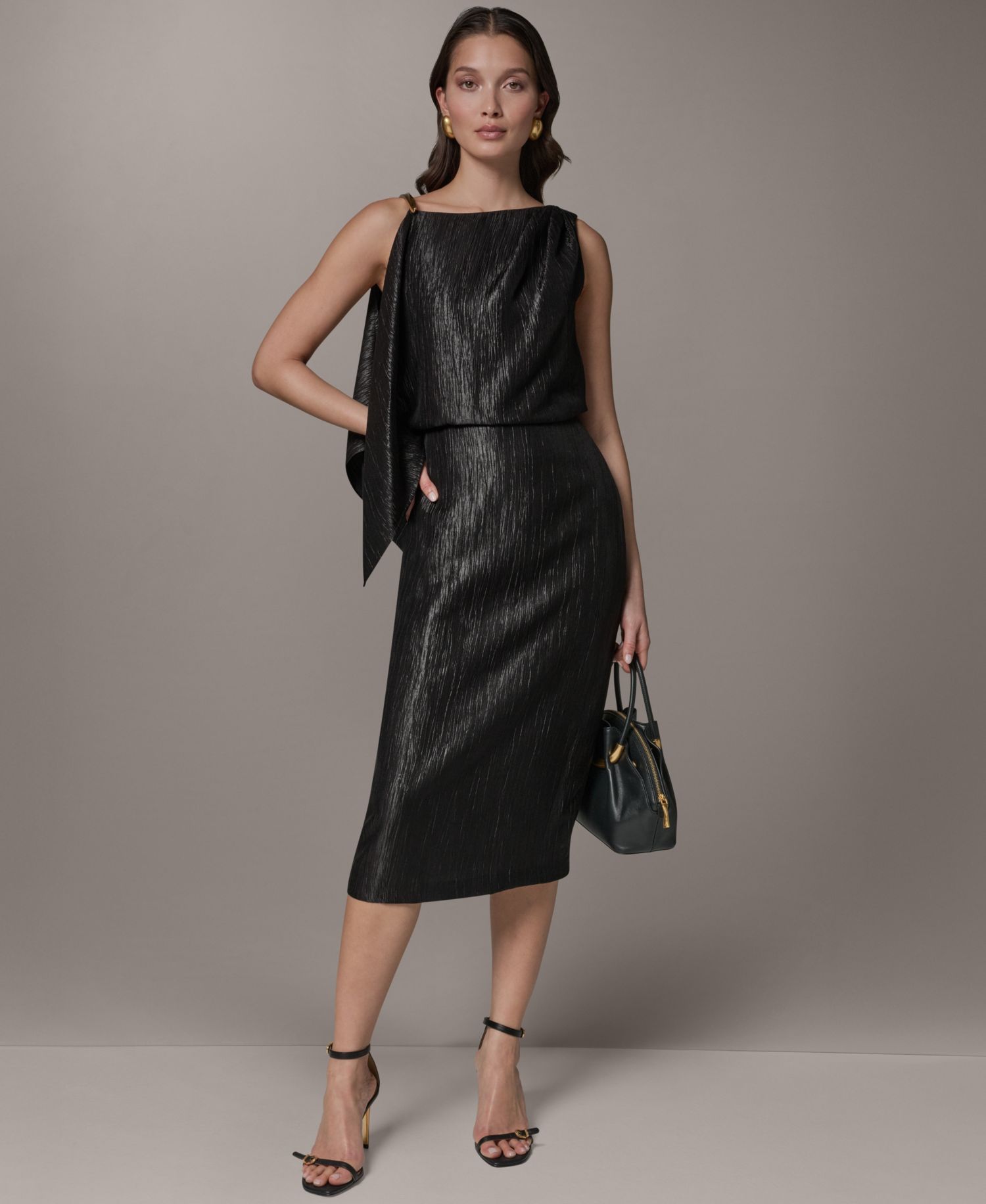 Women's Crinkle Satin Square Neck Midi Sheath Dress