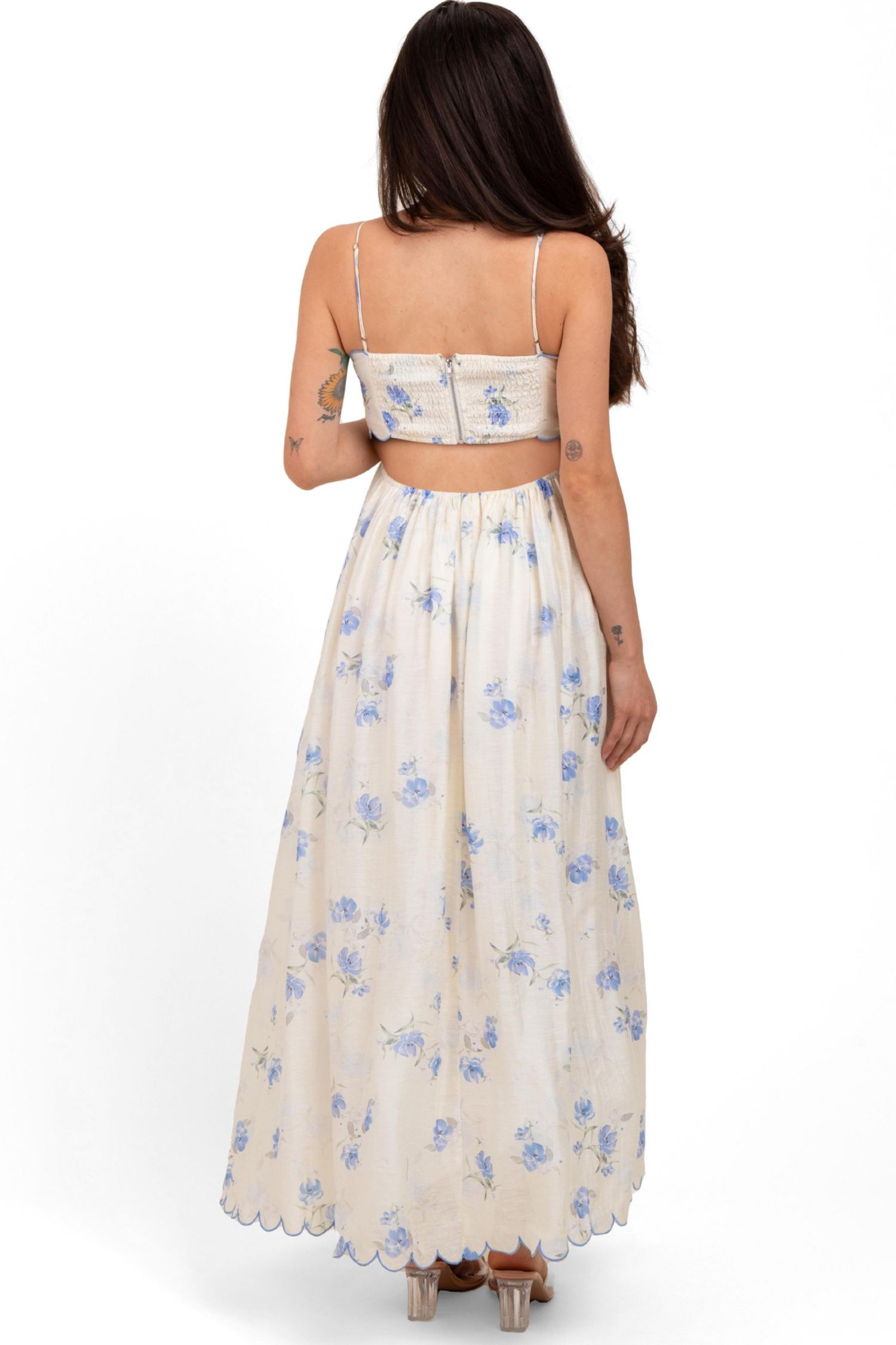 Women's Floral Scallop Edge Back Cutout Maxi Dress