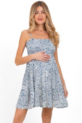 Women's Blue Floral Smocked Sleeveless Mini Dress