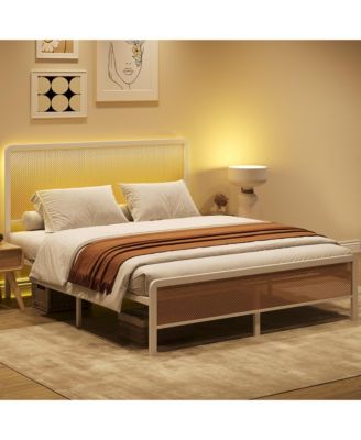 Full Size Rattan Platform Bed Frame with LED Headboard, Modern Boho Cane Style, Heavy Duty Metal Frame, Steel Slats, No Box Spring Needed