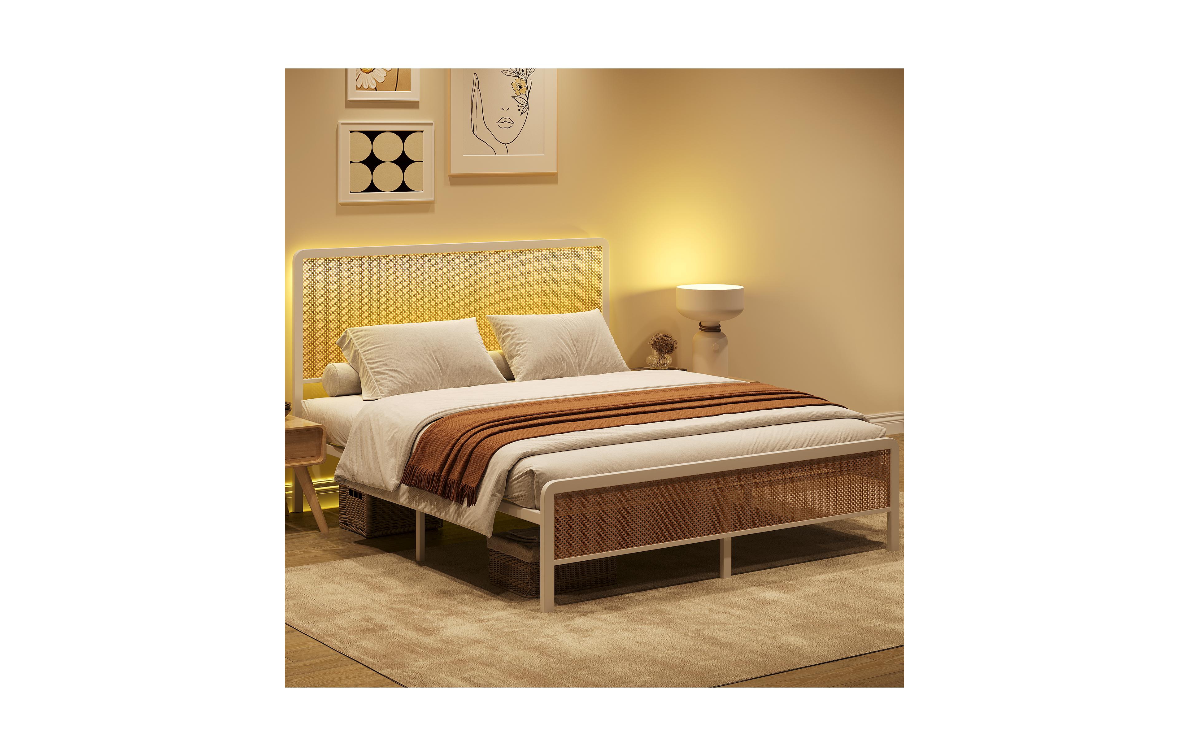 homfan Full Size Rattan Platform Bed Frame with Led Headboard, Modern Boho Cane Style, Heavy Duty Metal Frame, Steel Slats, No Box Spring Needed