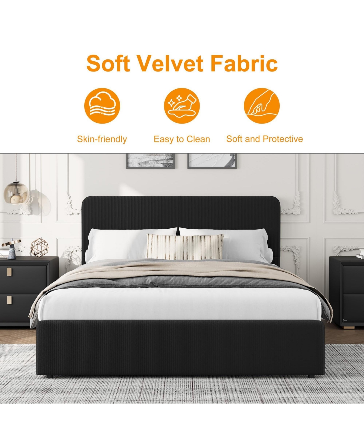 homfan Upholstered Platform Bed Frame with Headboard and 2 Storage Drawers, Wood Slat Support