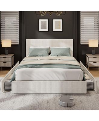 Upholstered Platform Bed Frame with 4 Storage Drawers, Corduroy Channel Tufted Wingback Headboard, Wood Slat Support