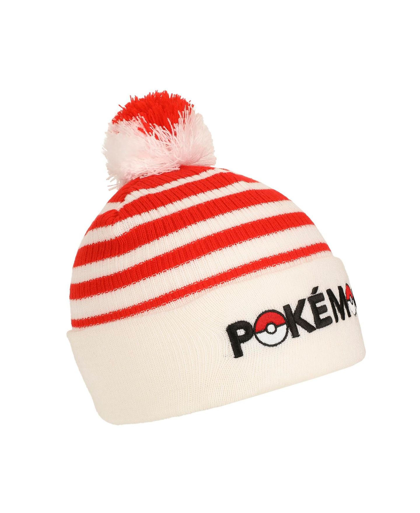 Мужская шапка Pokemon Pokeball Plush Pom, Red And White Stripes Cuff Beanie — фото 8