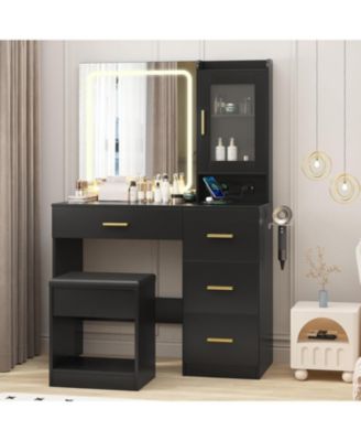 ModernVanity Desk with LED Mirror – 3-Color Dimmable Lights, 4 Drawers, Charging Outlets, Hair Dryer Holder and Storage Stool for Bedroom
