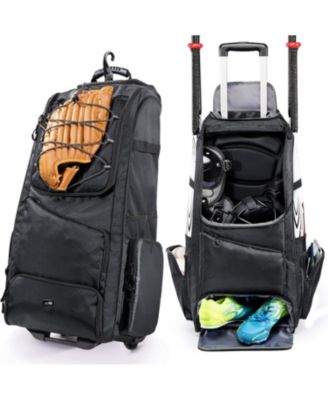 60L Rolling Baseball Bag - Youth Equipment Bag Holds 4 Bats, Shoe Compart and Fence Hook, for Boys and Girls 8+