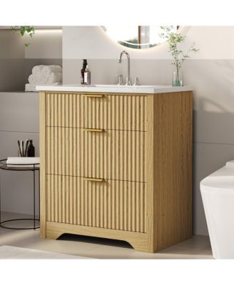 Fluted Bathroom Vanity with Ceramic Sink Freestanding Cabinet with Soft-Close Drawers and 1 Rotating-Down Drawer 24-Inch