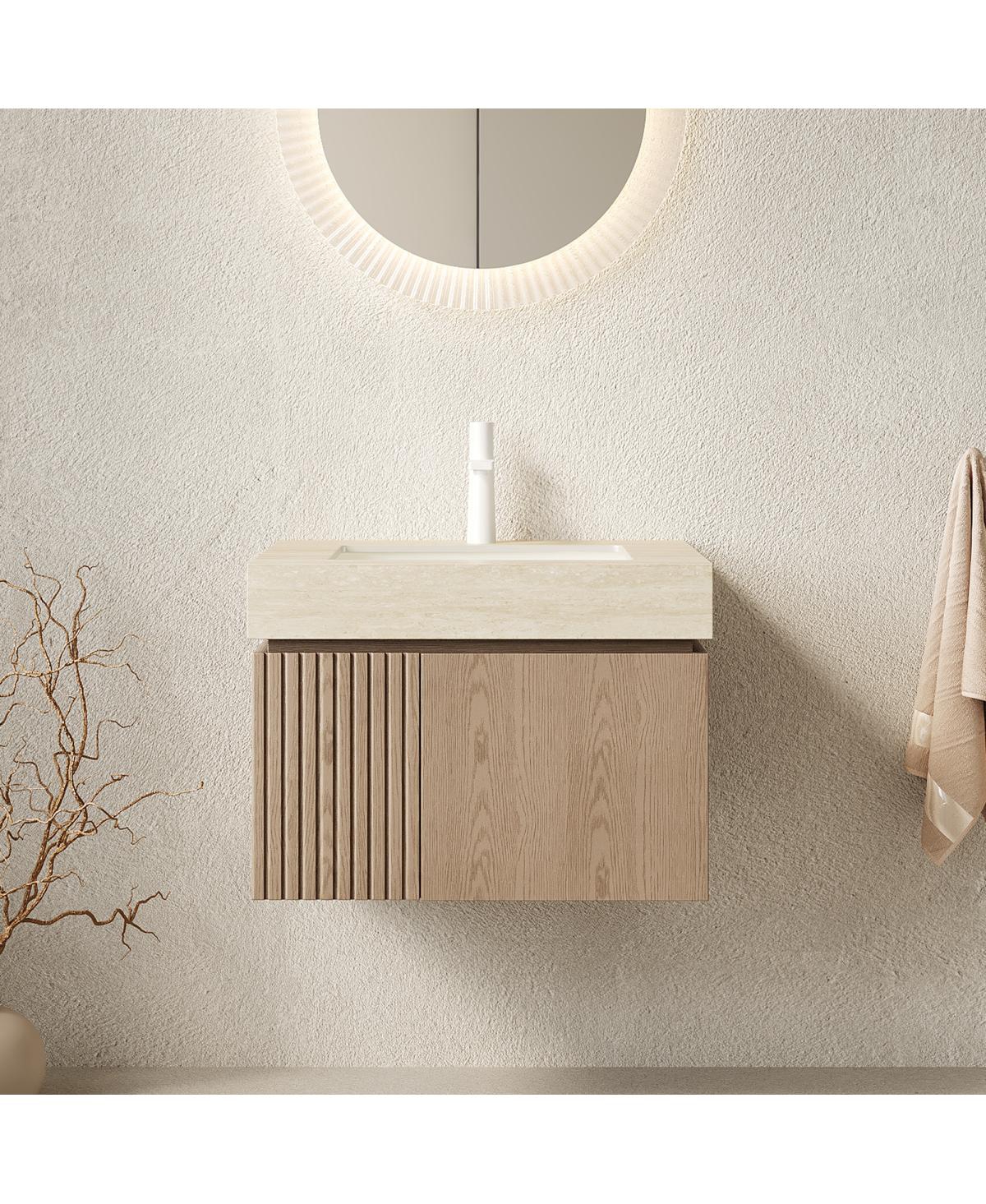 Sillysis Wall Mount Bathroom Vanity with Travertine Sintered Stone Top, Ceramic Undermount Sink, Soft Close Cabinet