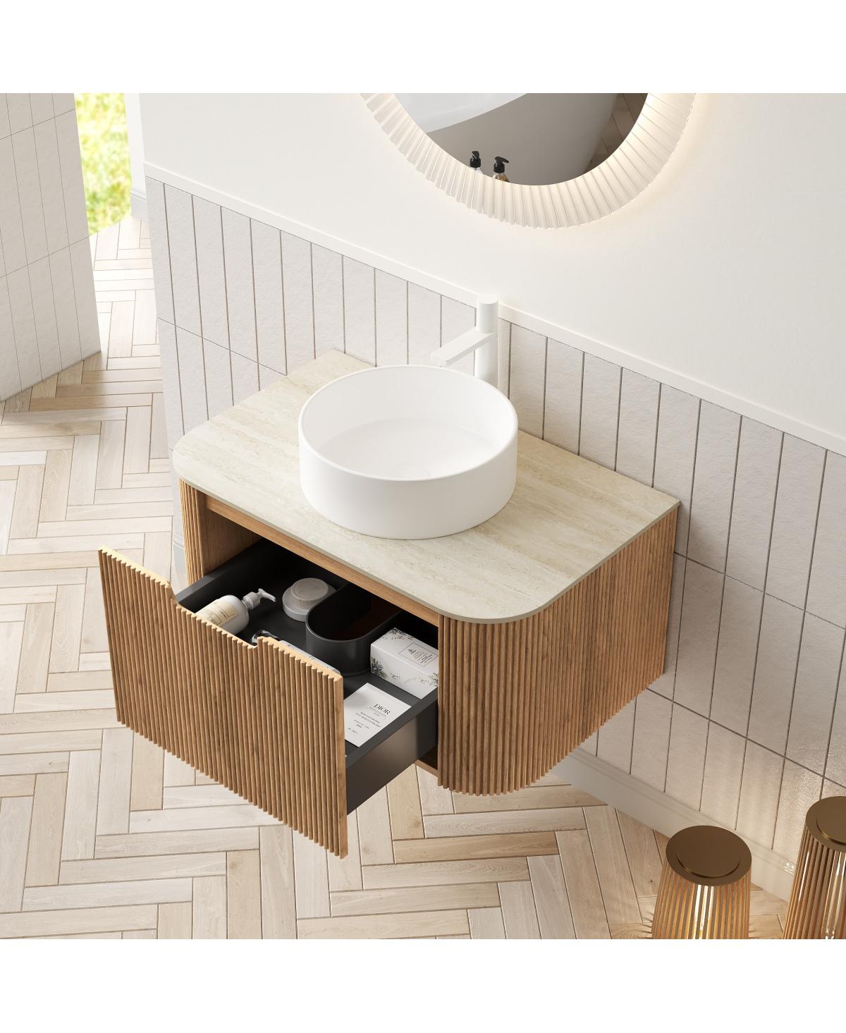 Sillysis Wall Mounted Bathroom Vanity with Sintered Stone Top, Round Ceramic Vessel Sink, Wood Grain Drawer