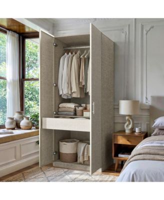Linen Finish 2-Door Wardrobe - 31.5"x23.6"x77.2" Modern Aluminum Frame Closet | Bedroom Storage Organizer | Tall Standing Cabinet