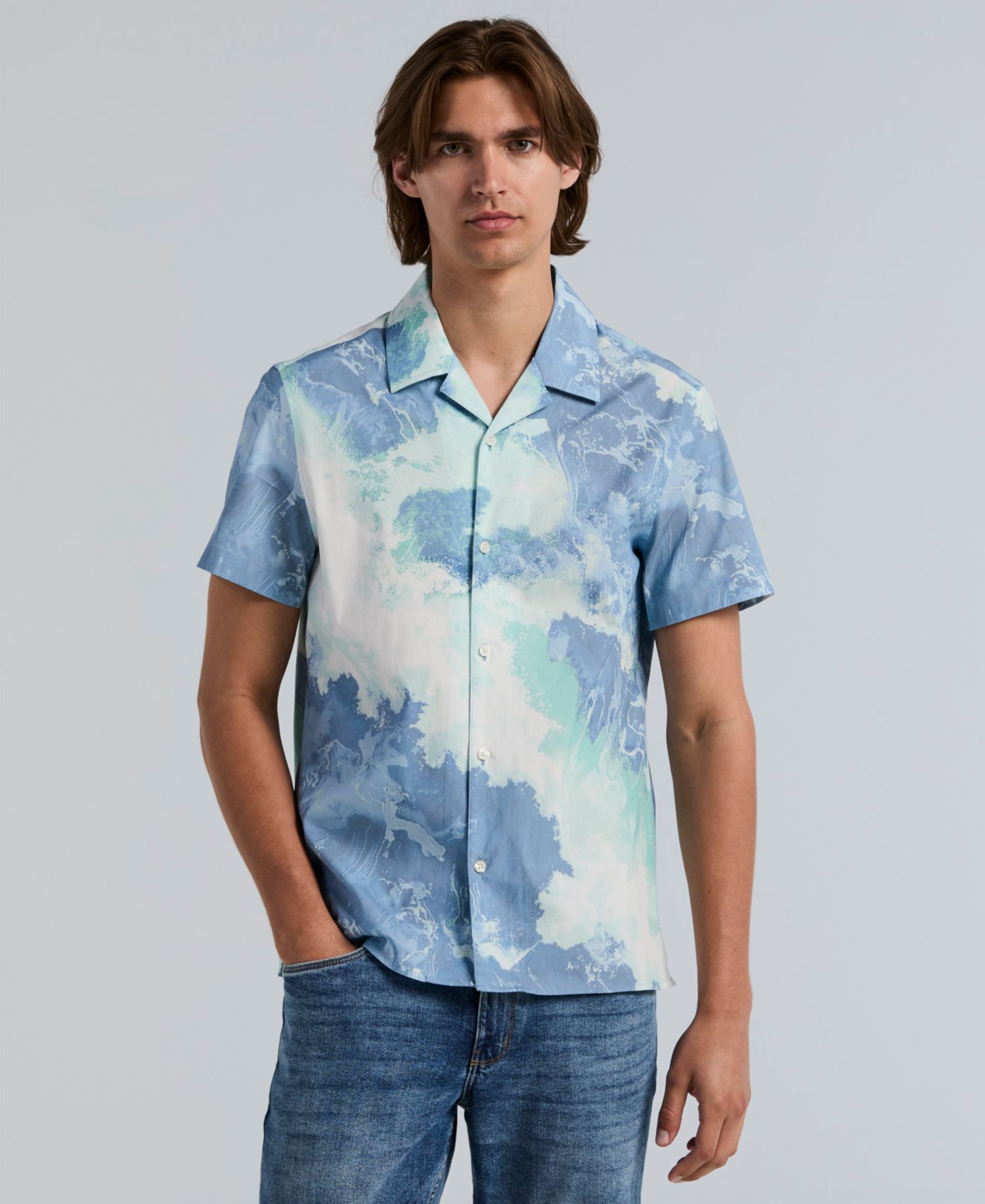 Men's Wave Print Camp Collar Shirt