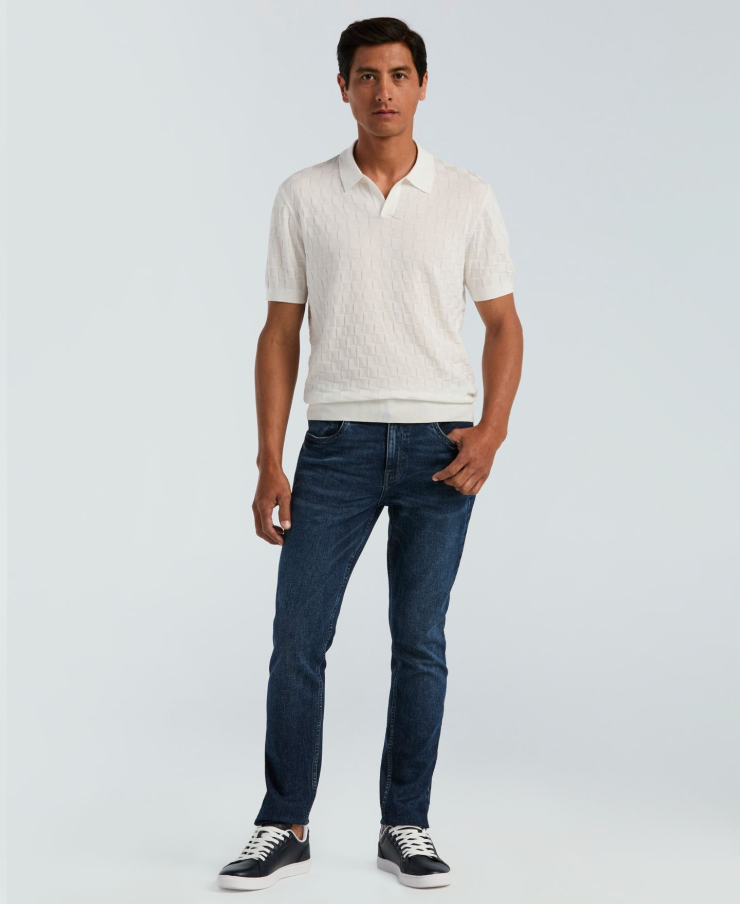 Мужской свитер Perry Ellis Checker Texture Open Polo Sweater, цвет: Белый — фото 2