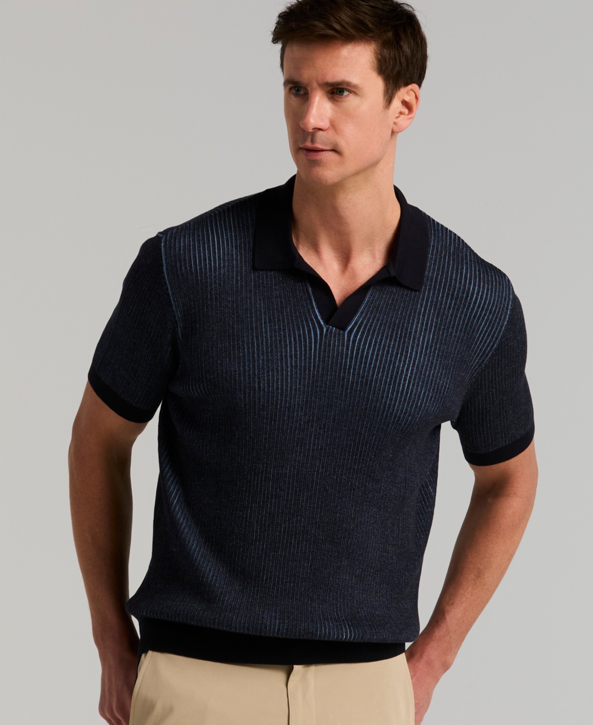 Perry Ellis Men's Bi Color Plaited Rib Open Polo Sweater
