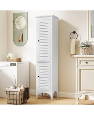 Tall Bathroom Floor Storage Cabinet with Shutter Doors and Adjustable Shelf