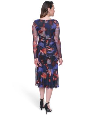 vince camuto side ruched dress Vince Camuto Petite Long-Sleeve Side Ruched Mesh Midi Dress - Blue