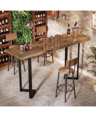 Solid Wood Live-Edge Bar Table, Rectangle Long Counter Height Pub Table, Farmhouse High Top Home Bar Unit