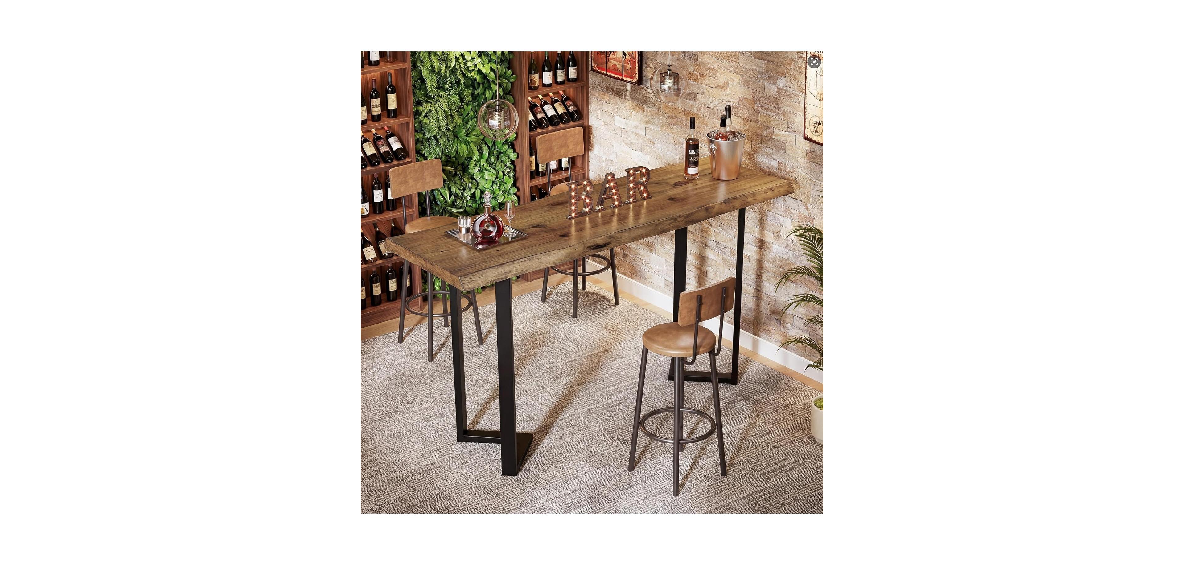 Tribesigns Solid Wood Live-Edge Bar Table, Rectangle Long Counter Height Pub Table, Farmhouse High Top Home Bar Unit