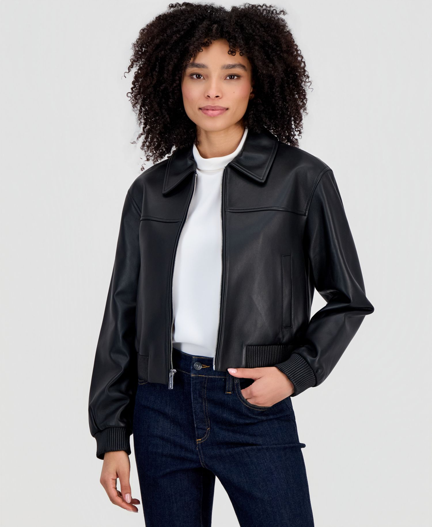 MICHAEL Women's Leather Zip-Up Bomber Jacket