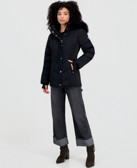 Женские куртки MICHAEL Michael Kors Women's Faux-Fur-Trim Hooded Puffer Coat, Created for Macy's