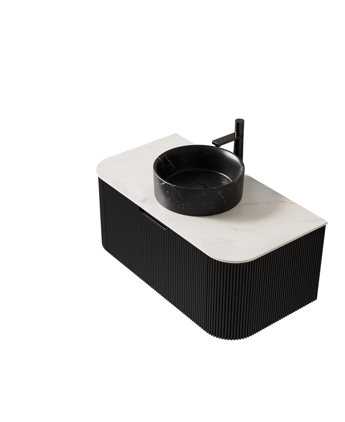 Sillysis Wall Mounted Bathroom Vanity with Sintered Stone Top, Ceramic Round Sink, Stripe Drawer