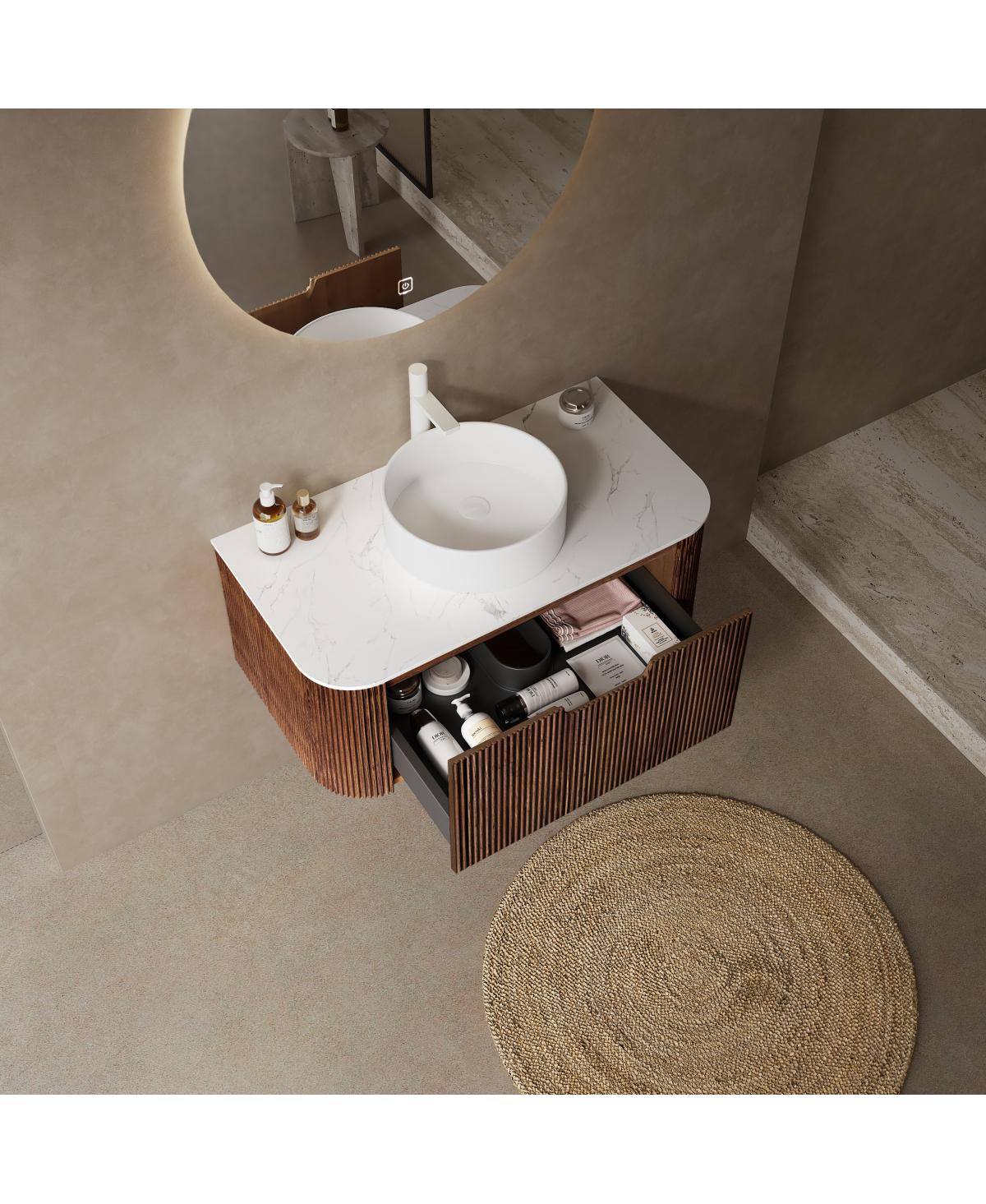 Sillysis Wall Mounted Bathroom Vanity with Sintered Stone Top, Round Ceramic Vessel Sink, Walnut Striped Drawer
