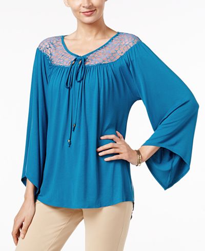 NY Collection Lace-Yoke Peasant Top