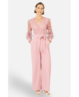 Women's Sash Waist Floral Applique Wrap Jumpsuit