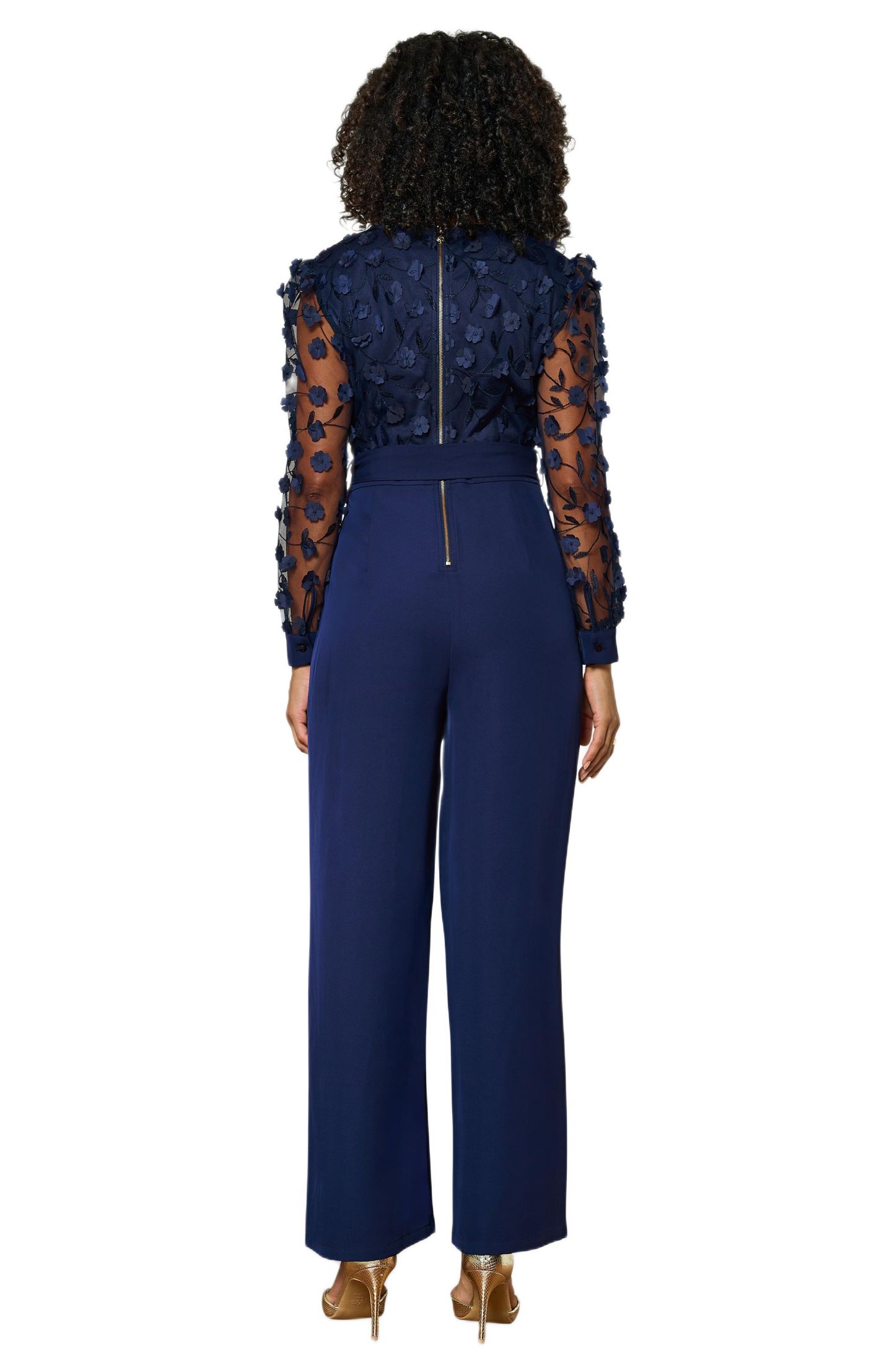 Женский комбинезон Yumi Sash Waist Floral Applique Wrap Jumpsuit, цвет: Тёмно-синий — фото 2