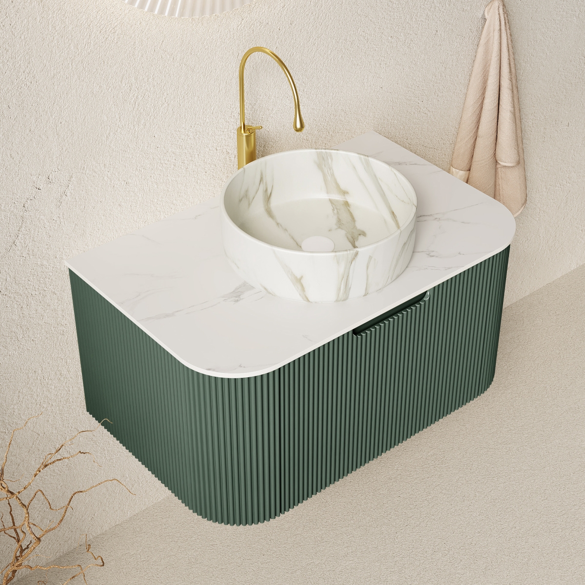 Sillysis Wall Mounted Bathroom Vanity with Sintered Stone Top, Round Ceramic Basin, Stripe Drawer Panel