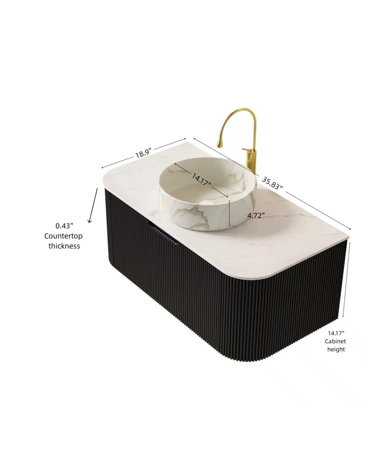 Sillysis Wall Mounted Bathroom Vanity with Carrara Sintered Stone Top, Round Ceramic Sink, Stripe Drawer